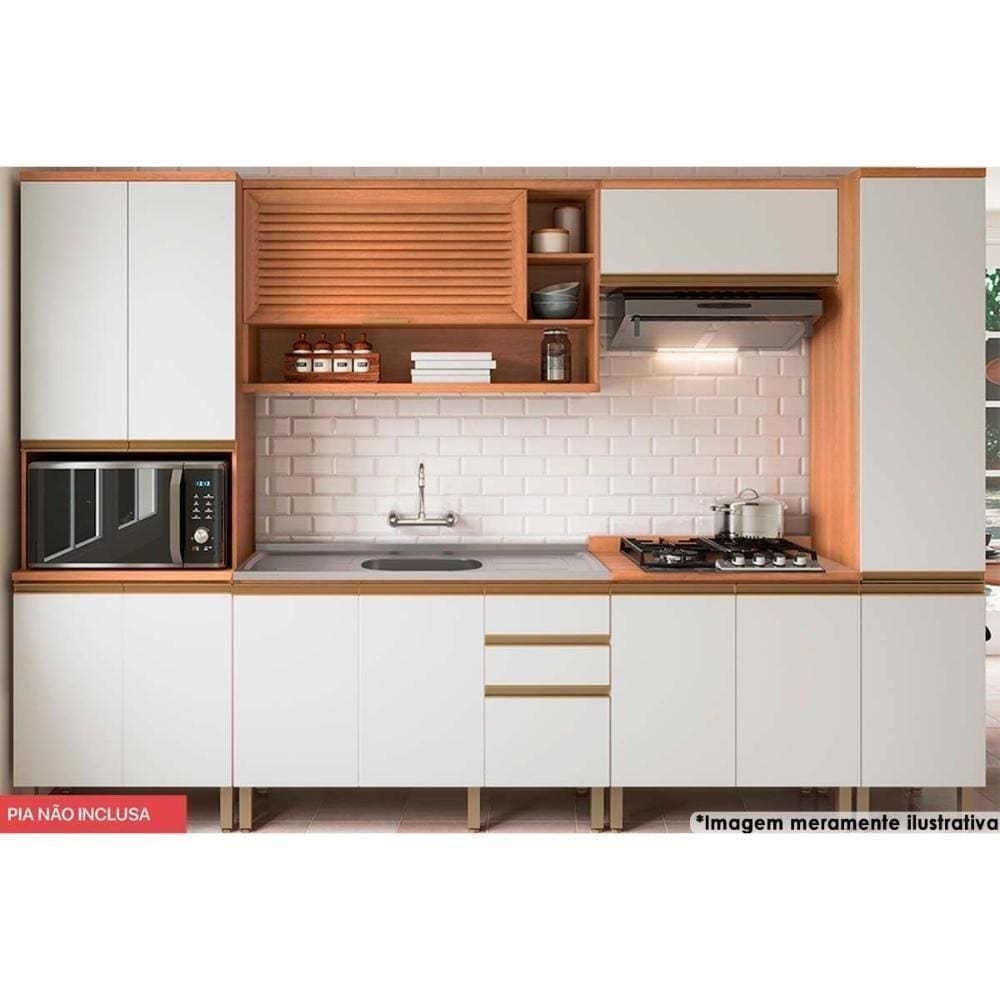 Cozinha Completa Thela Macadâmia 6 Peças (2aéreos+2balcões+2paneleiros) Czc27 Freijo-branco