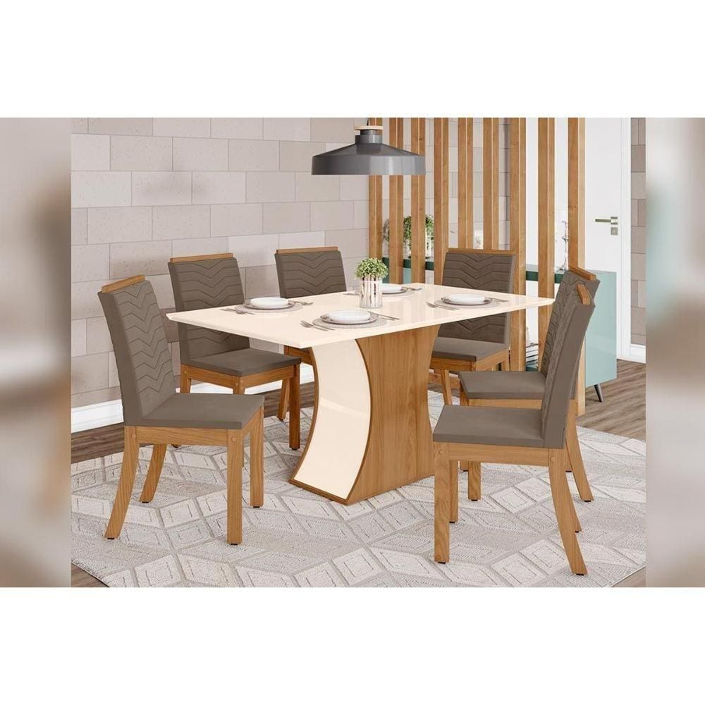 Sala De Jantar Completa C/ Tampo Madeirado 160cm + 6 Cadeiras Isa Nature/veludo Light Bege Vanilla