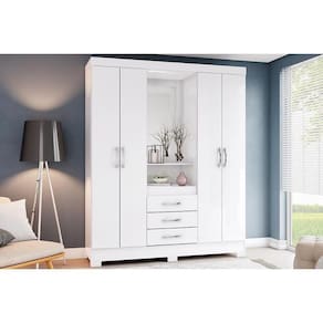 Guarda Roupa Solteiro 4 Portas E 3 Gavetas C- Espelho E Pés Briz B24 Branco