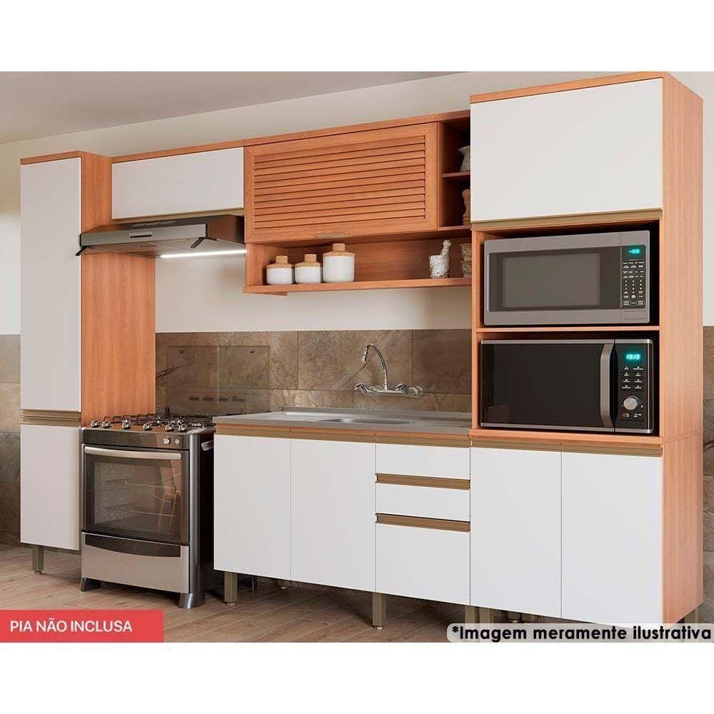 Cozinha Completa Thela Macadâmia 5 Peças 2aéreos+1balcão+2paneleiros Czc17 Freijo branco