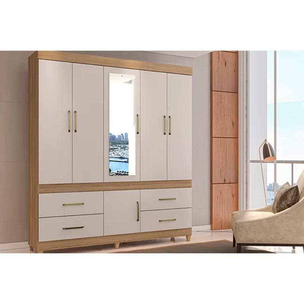 Guarda Roupa Casal 6 Portas E 4 Gavetas C- Espelho Guarujá Amêndola-off White - Demóbile