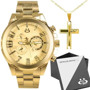 relogio masculino dourado aço inox + cordão cruz analogico casual qualidade premium pesado social