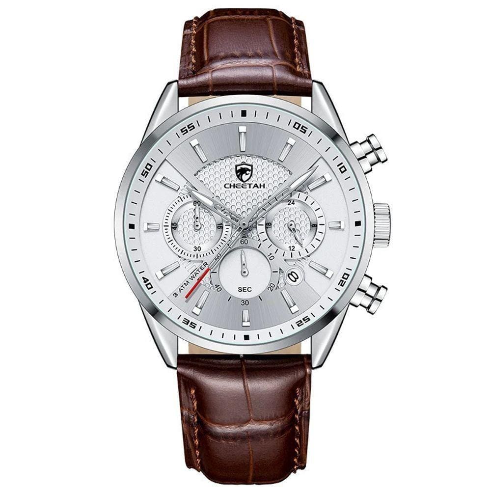 Relógio Quartzo Casual Masculino Impermeável, Data Cheetah Prata