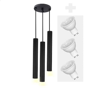 Pendente Triplo Tubo Palito Moderno 30cm Preto + Led 4w