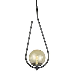 Lustre Pendente On Drop - Preto Com Globo De Vidro âmbar
