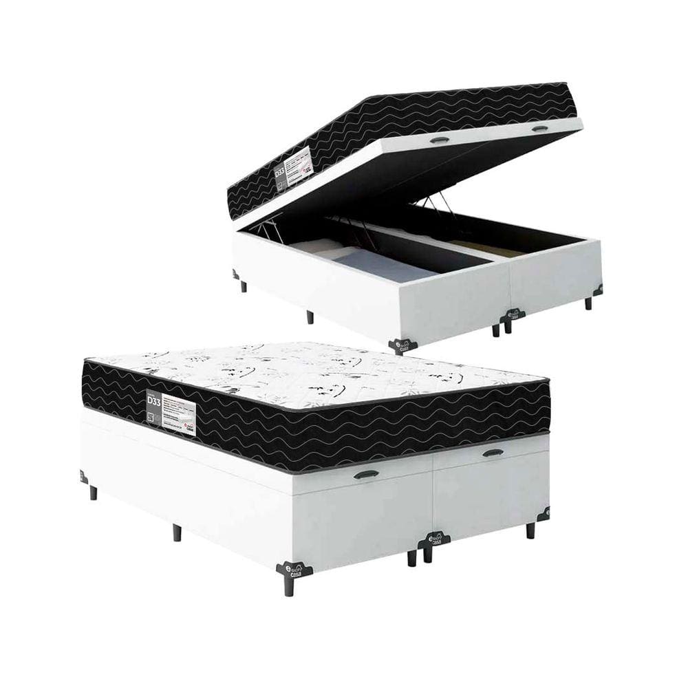 Cama Box Baú Casal Bipartido + Colchão D33 One Face - 61x138x188cm - Couro Branco