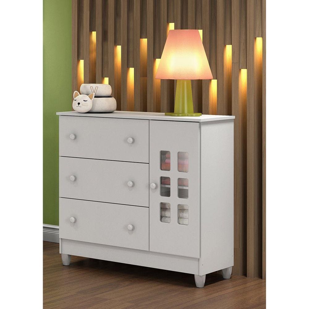 Cômoda Fraldário 3 Gavetas 1 Porta Maria Branco Brilho