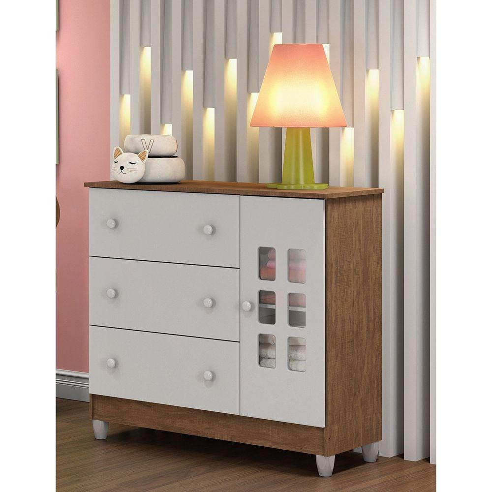 Cômoda Fraldário 3 Gavetas 1 Porta Maria Branco Fosco/Amadeirado