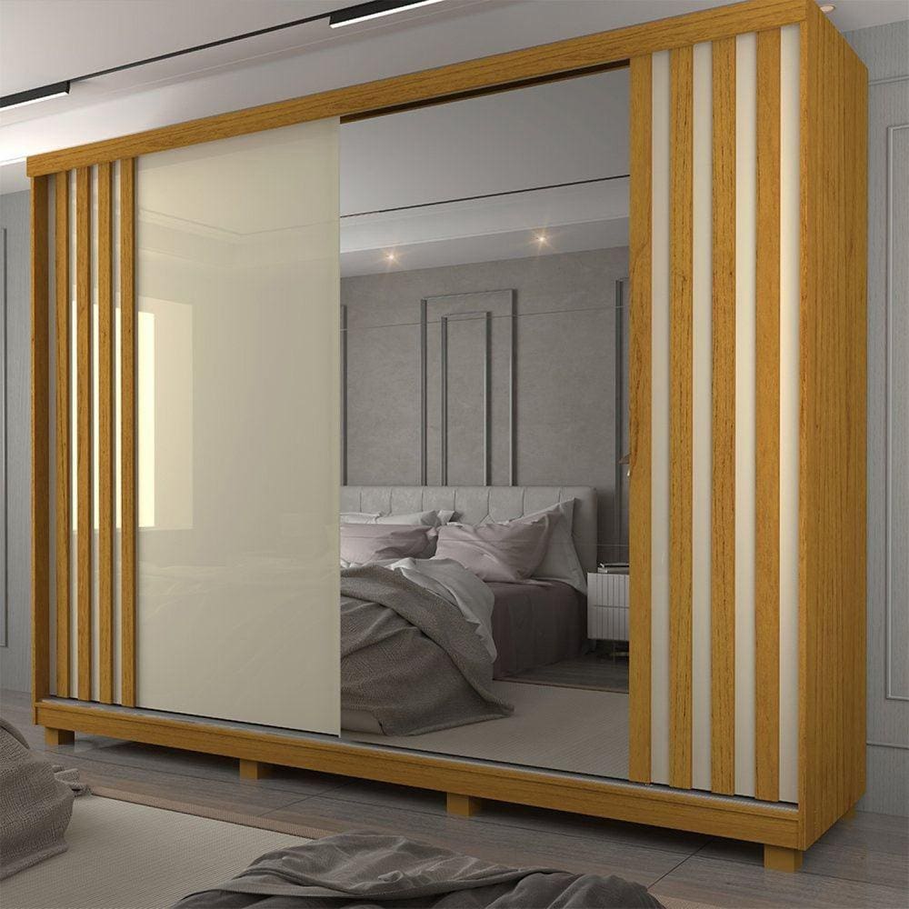 Guarda Roupa Casal 2 Portas com 1 Porta Espelho com Pés Ares Ripado Naturale Ripado/Naturale-Off White