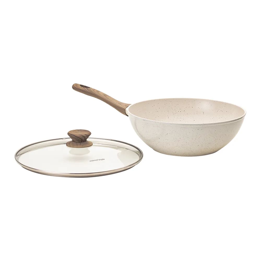 Frigideira Wok Cerâmica Antiaderente Com Tampa 28cm Mimo Style Linha Mármol Cook Com Fundo Triplo Indução 4,15 Litros