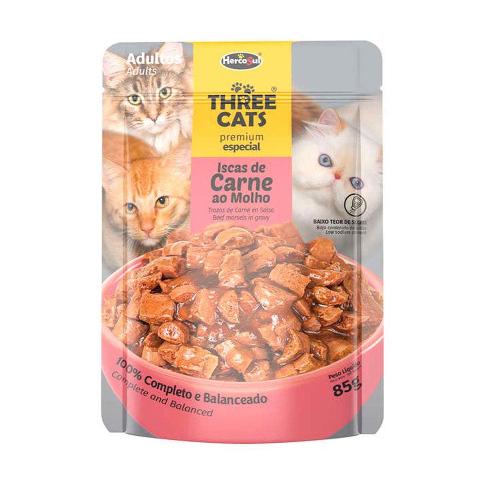 Ração Úmida Three Cats Adultos Carne Sachê 85g