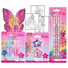 Kit Material Escolar Barbie Livrinho de Colorir Lápis Preto Hb Carimbo Apontador Com Depósito + Borracha Tris