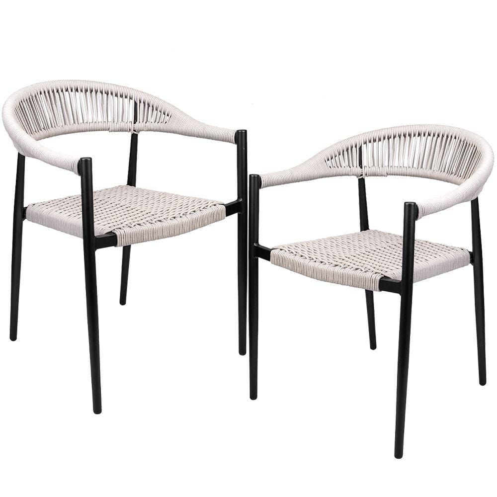 Kit 02 Cadeiras Decorativas Área Gourmet Base Preto Corda Náutica Nevada R01 Amêndoa - Lyam Decor