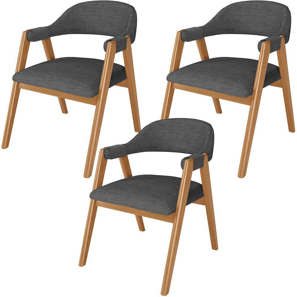 Kit 03 Cadeiras de Jantar e Estar Living Estofada Nadja L02 Linho Cinza Escuro - Lyam Decor