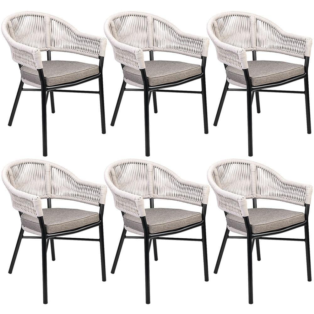 Kit 06 Cadeiras Decorativas Área Gourmet Base Grafite Corda Náutica Medan R01 Amêndoa - Lyam Decor