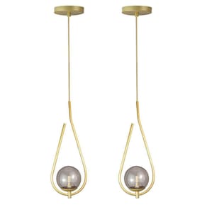 Kit 2 Pendentes Lustres On Drop Dourado Globo De Vidro Fume