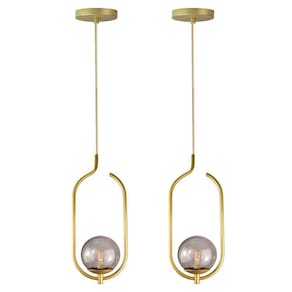 Kit 2 Pendentes Lustres On Clip Dourado Globo De Vidro Fume