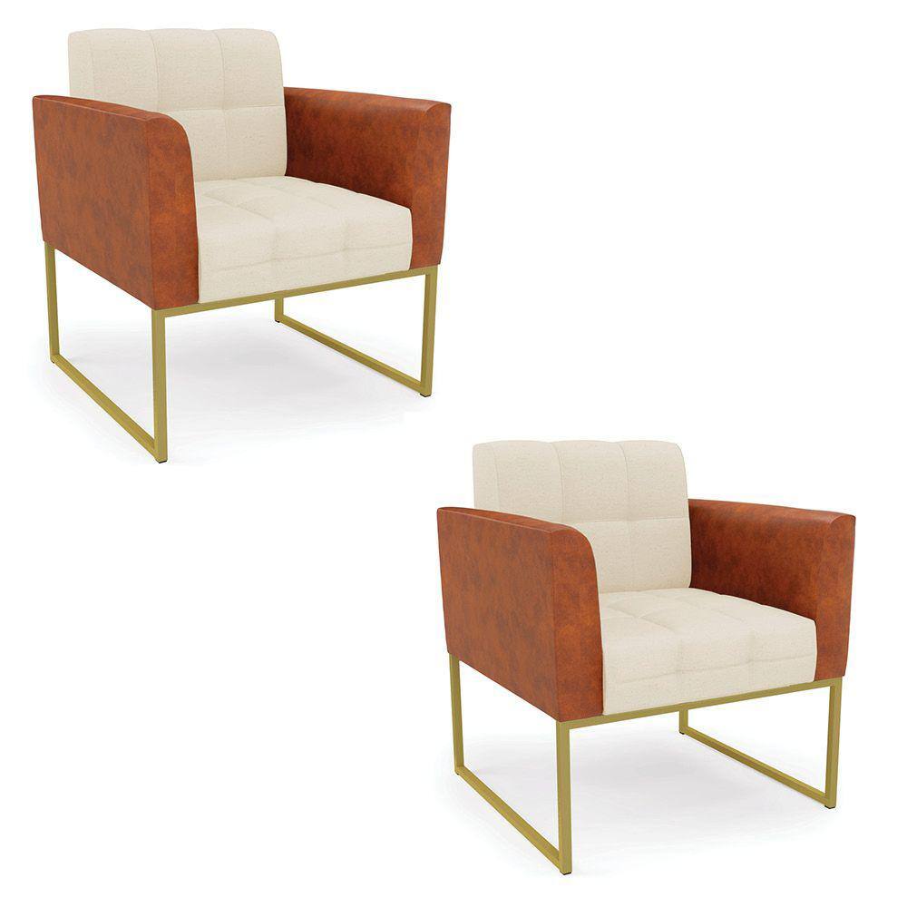 Poltrona Base Industrial Dourado Kit 2 Elisa Nozes/Linho Bege A19 D03 - D`Rossi