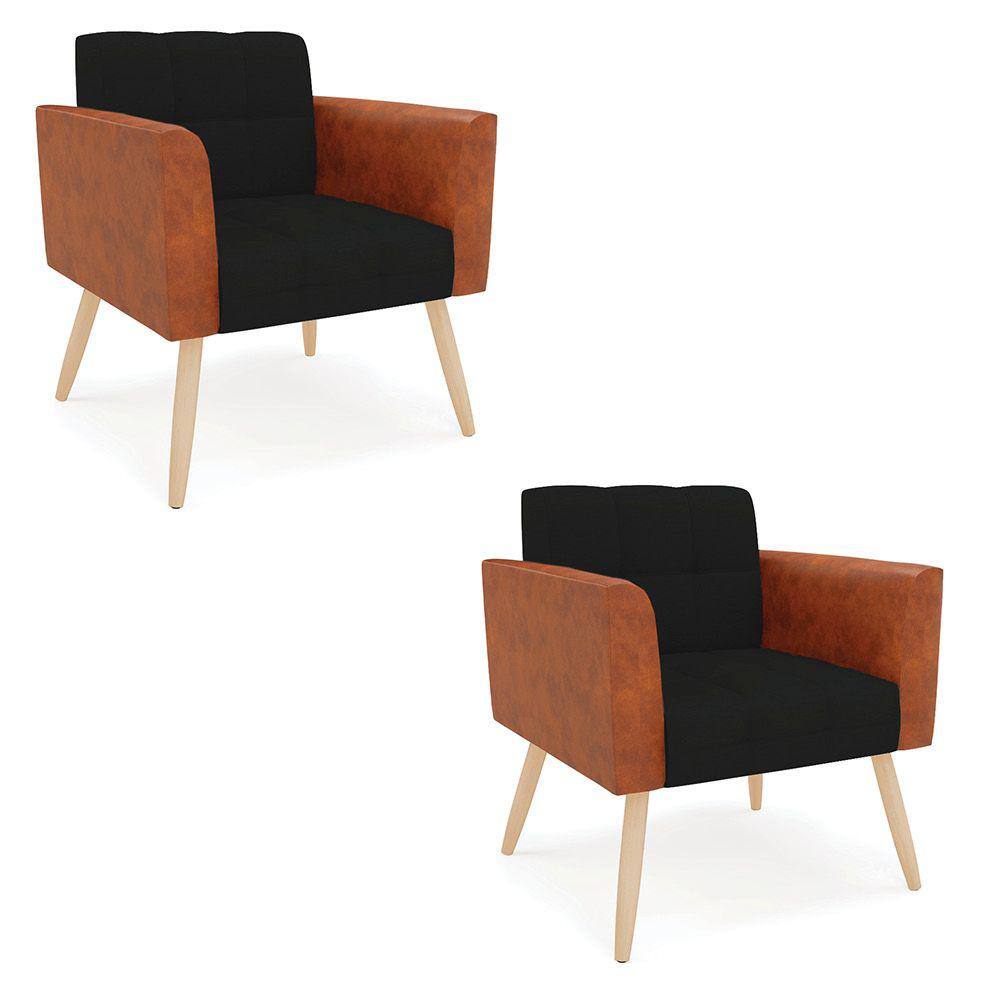 Poltrona Pés Palito Natural Kit 2 Elisa Nozes/Linho Preto A79 D03 - D`Rossi