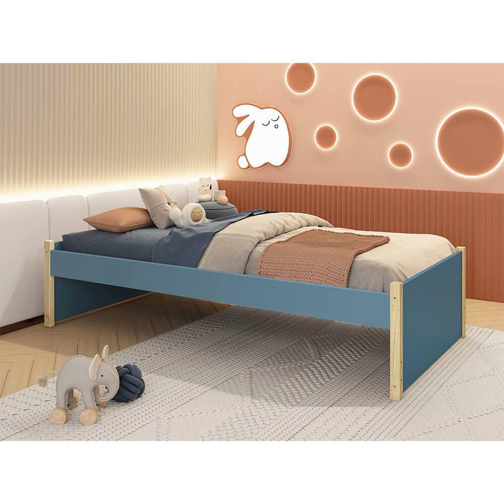 Cama Evolutiva 2 em 1 Ravi com Pés em Madeira Natural - Azul Fosco