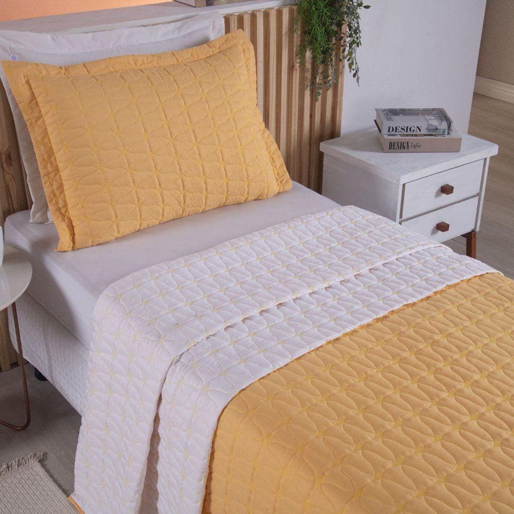 Cobre Leito Solteiro Cristal Percal 200 Fios Bordado 2 Peças - Amarelo