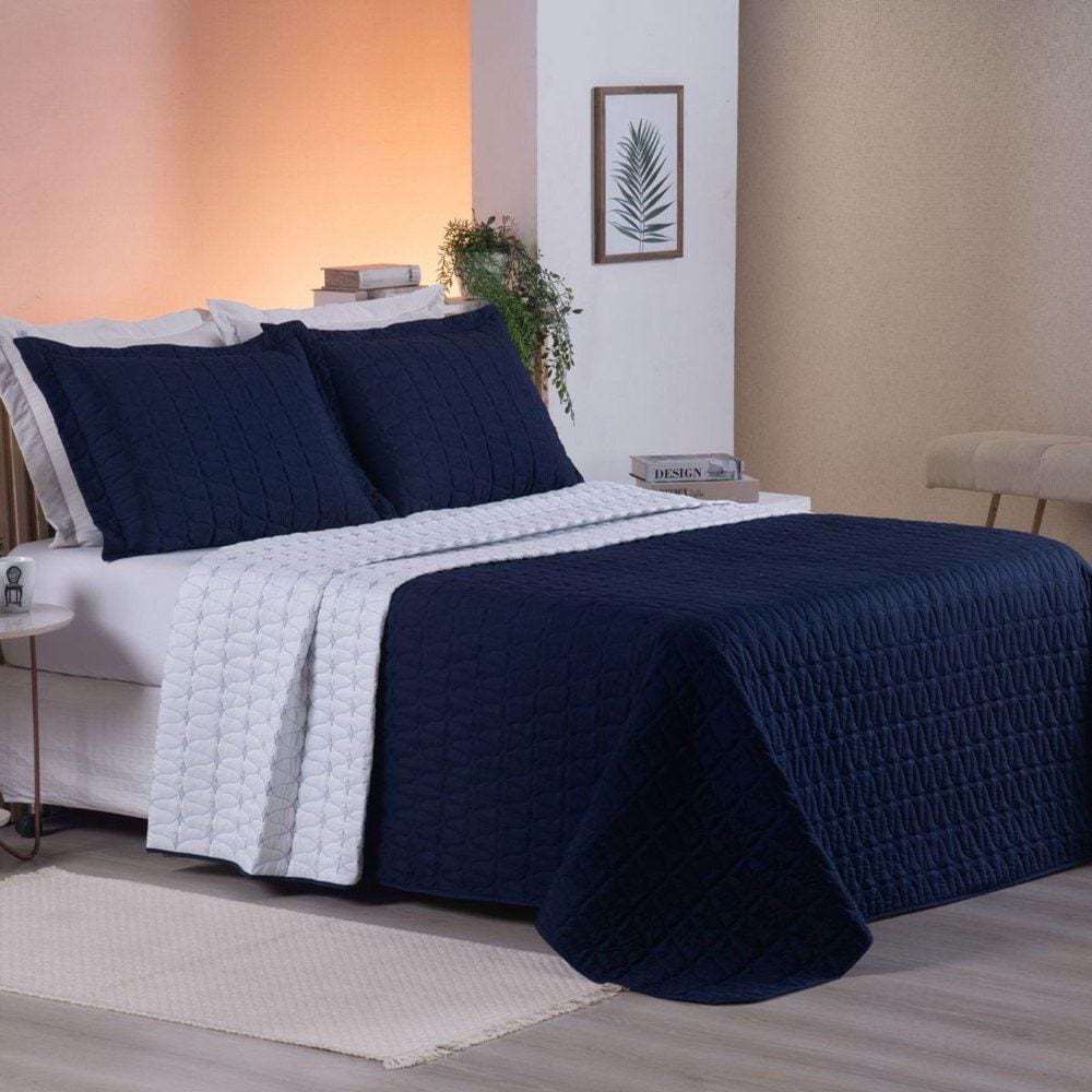 Cobre Leito King Cristal Percal 200 Fios Bordado 3 Peças - Azul Marinho