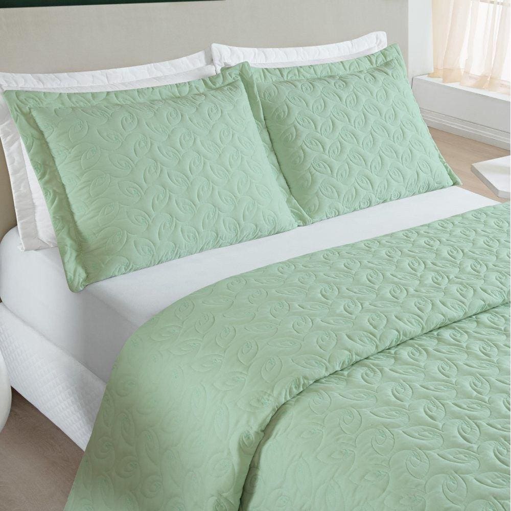 Cobre Leito King Agata Bordado Micropercal 200 Fios 3 Peças - Verde