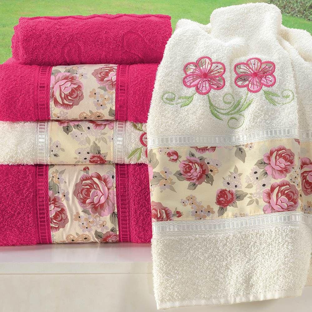 Jogo de Banho Passione Bordado Algodão 5 Peças - Pink/Palha