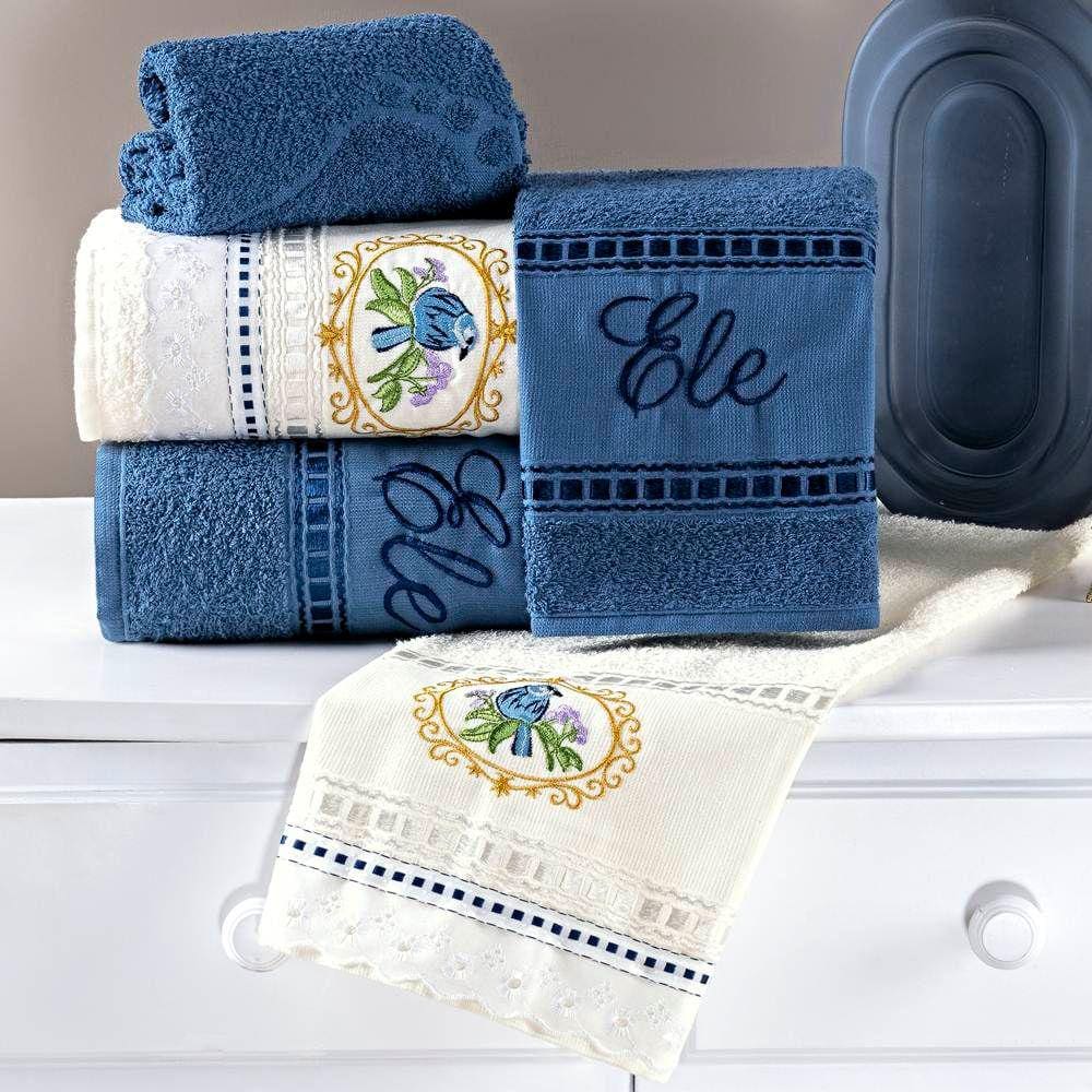 Jogo de Banho Bordado Ponto Russo Algodão 5 Peças - Azul/Palha