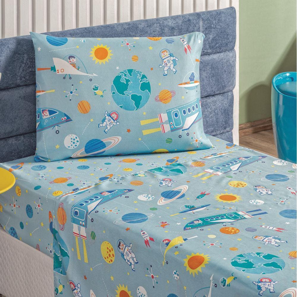 Jogo de Lençol Solteiro Bouti Kids Estampado 3 Peças - Astronauta