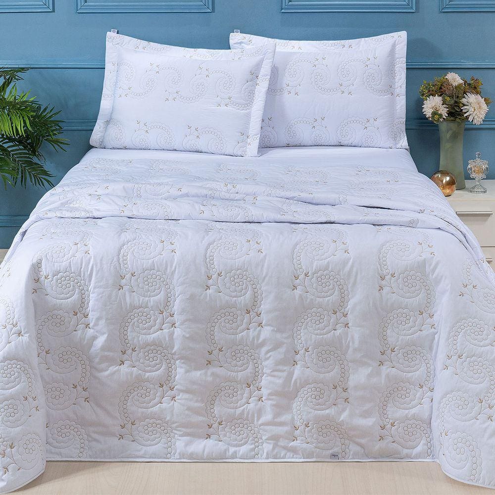 Cobre Leito King Mistral Percal 200 Fios Bordado 3 Peças - Branco