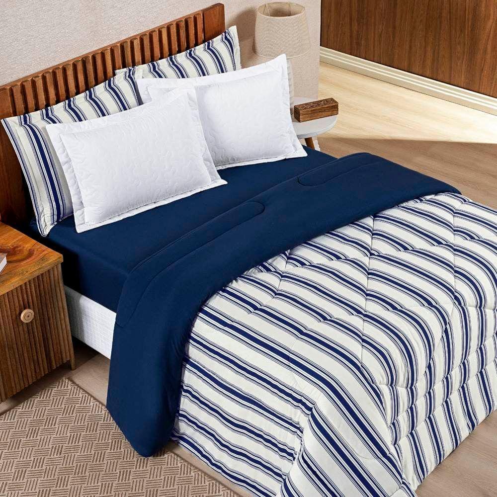 Edredom Queen Dupla Face Marim Malha 100% Algodão 1 Peça - Marinho