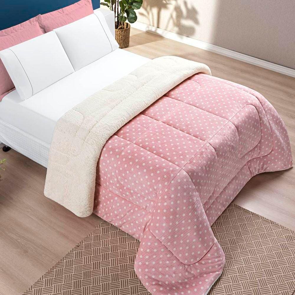 Edredom Solteiro Coberdrom Sherpa/Mantinha Petit Poa 1 Peça - Rosa