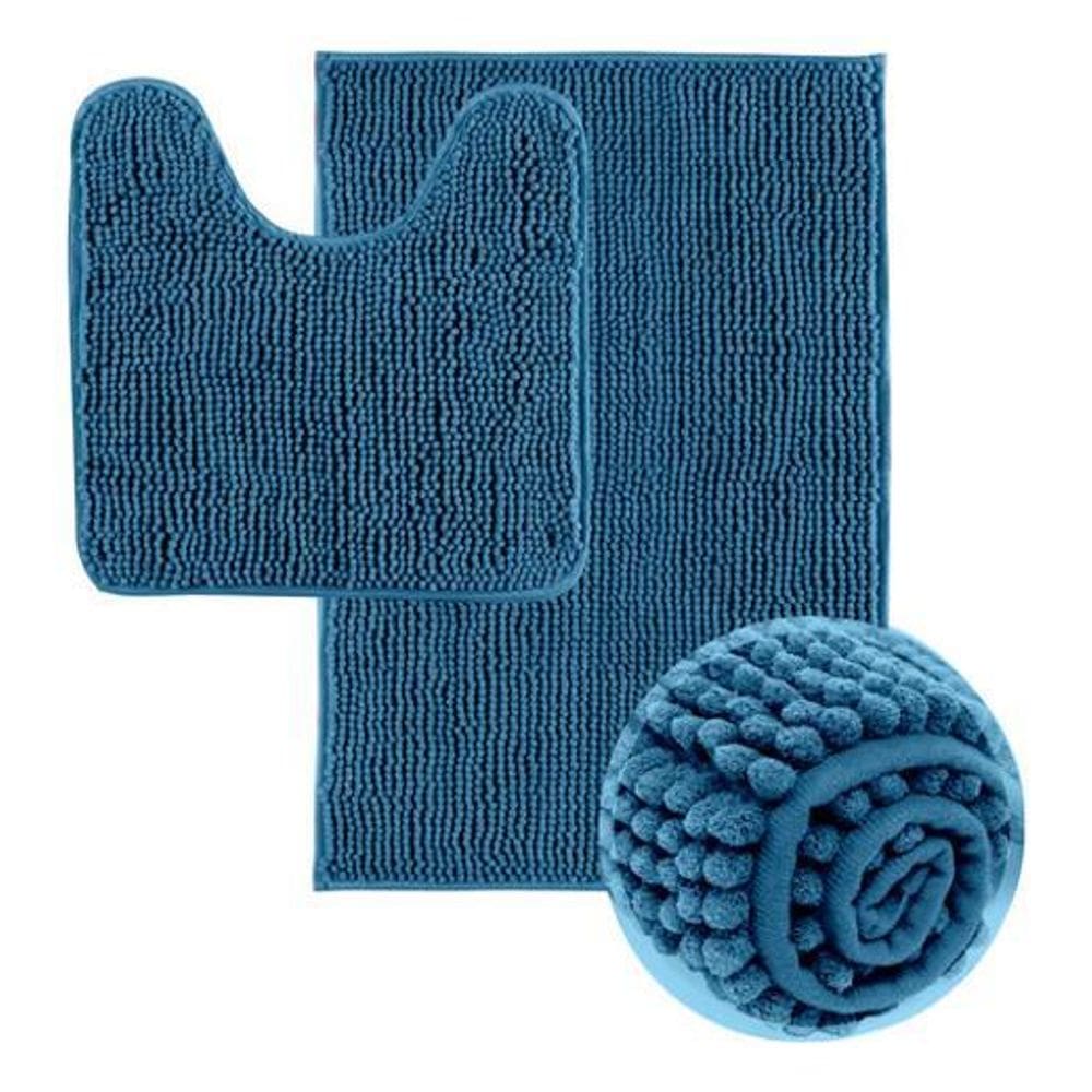 Jogo Tapete De Banheiro Macarrão 2 Peças - Azul-Marinho