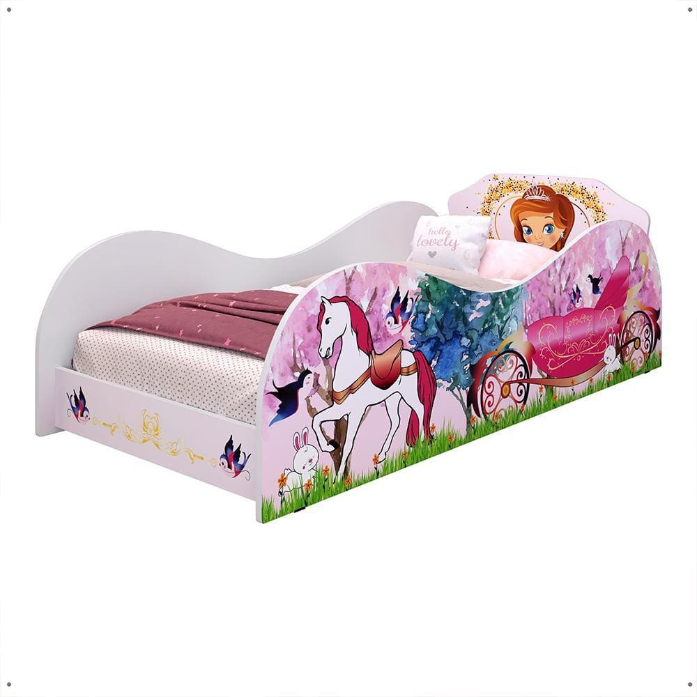 Cama Solteiro Infantil Simples Montessoriana MDF Lateral Grade Proteção Decoração Quarto Juvenil Feminino Princesa Bella Rosa - RPM