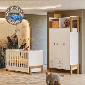 Quarto de Bebê Fantasia com Roupeiro 4375 e Berço 4300 Qmovi Branco Acetinado + Colchão Ortobom