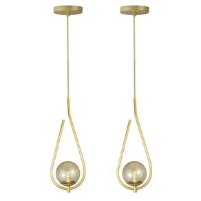Kit 2 Pendente Lustre On Drop Dourado Globo De Vidro Ambar