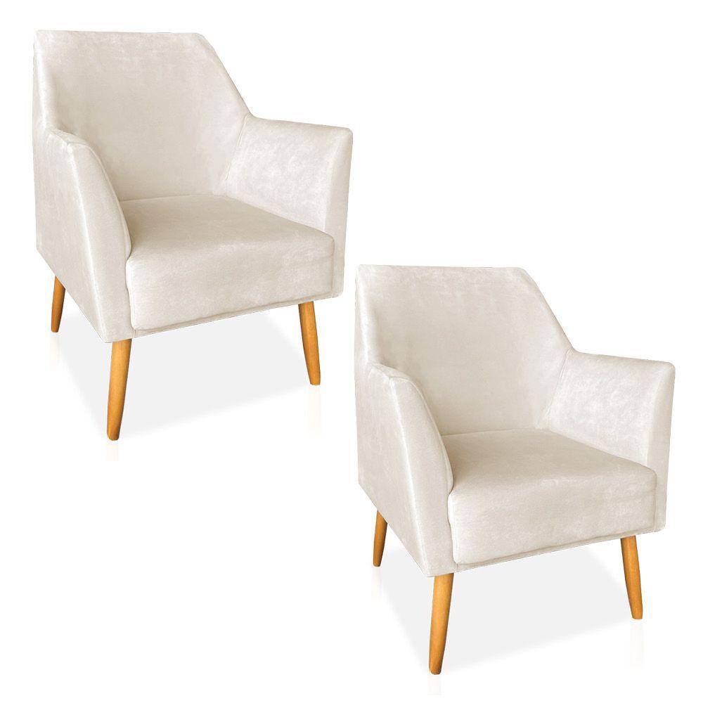 Kit 02 Poltronas Decorativa Julia Veludo Bege Pés Palito Castanho - Pallazio