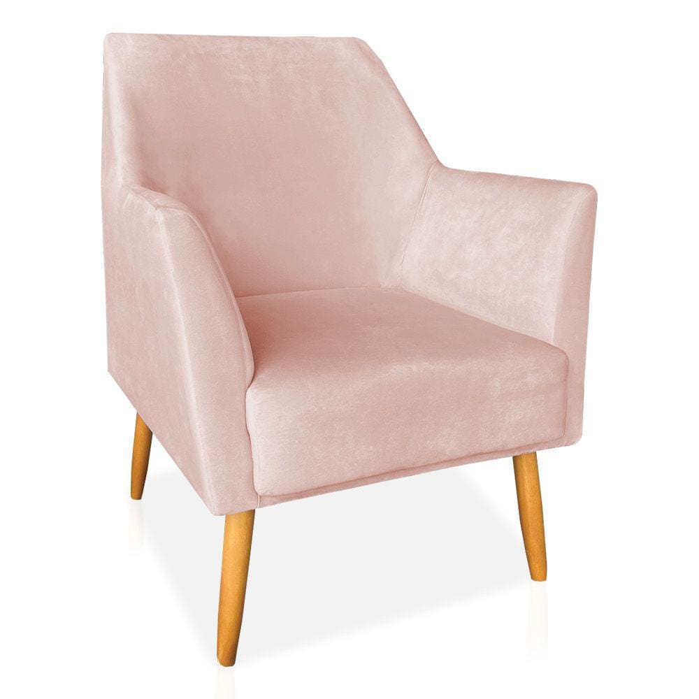 Poltrona Decorativa Julia Veludo Rosa Bebê Pés Palito Castanho - Pallazio