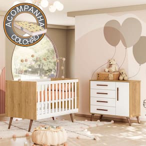 Quarto de Bebê com Berço Americano 3820 e Cômoda Infantil 3825 Qencanto Retrô Qmovi Freijó Branco Acetinado + Colchão Gazin