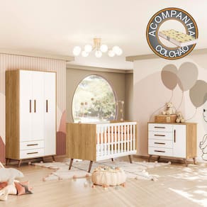 Quarto de Bebê Completo Qencanto Retrô Qmovi Freijó Branco Acetinado + Colchão Gazin