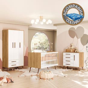 Quarto de Bebê Completo Qencanto Retrô Qmovi Freijó Branco Acetinado + Colchão Ortobom