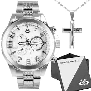 Relogio masculino aço inox + cordão pingente cruz + caixa casual spaceman social religioso