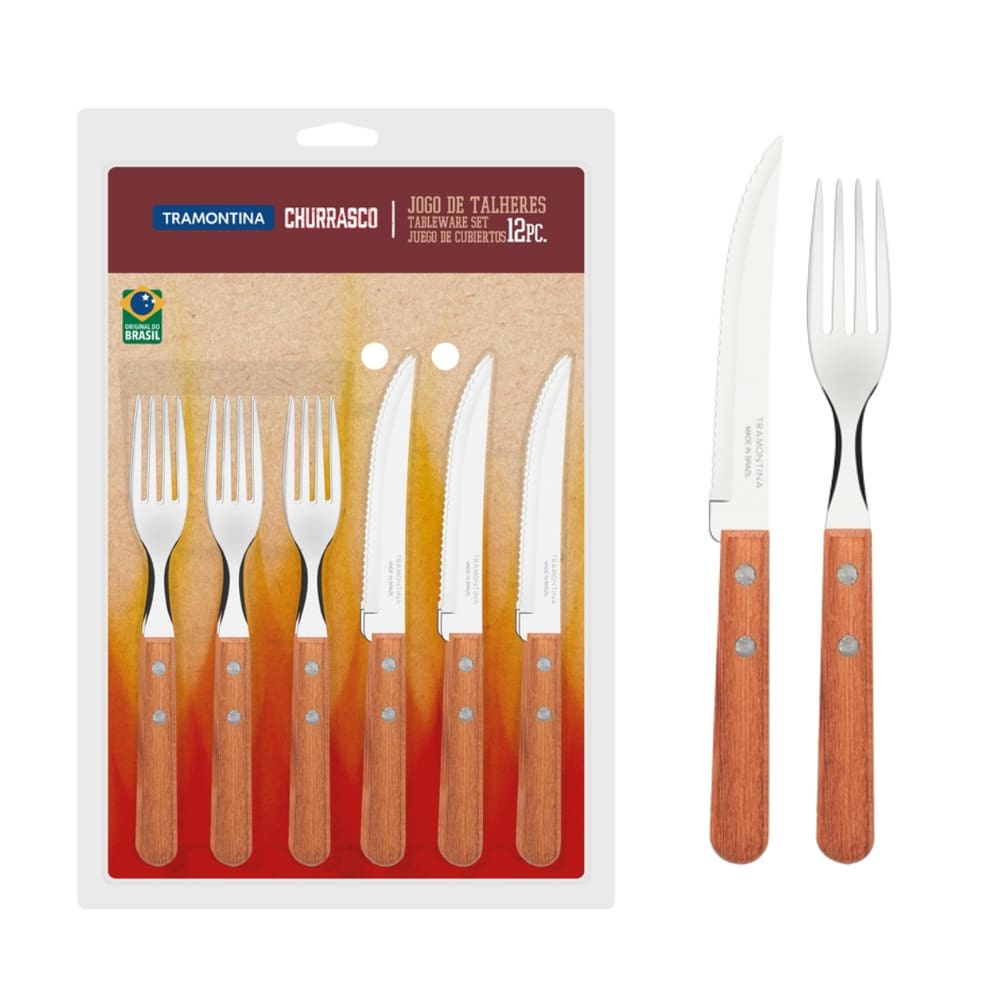 Jogo de Talheres Faqueiro Inox com Cabo de Madeira 12 peças Tramontina para Churrasco Pizza Serve 6 Pessoas