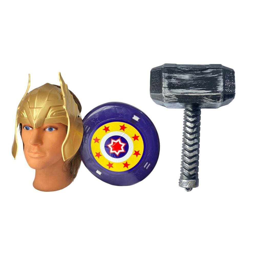 Kit Defensor Medieval Com Escudo, Máscara Dourado E Martelo