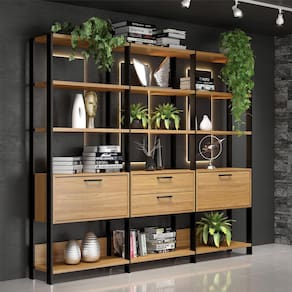 Estante Office Industrial com 2 Gavetas 216 Cm 100% MDF Freijó Preto Fosco Pradel