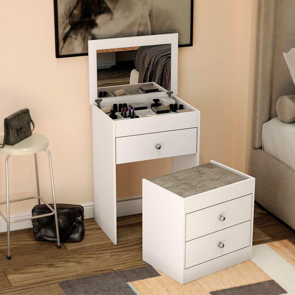 Penteadeira Cômoda e Banco com Espelho 3 Gavetas 60 Cm Branco Móvel Bento