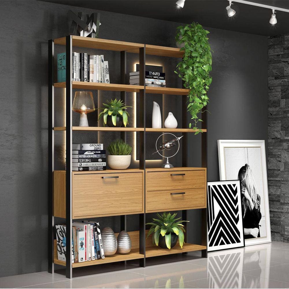 Estante Office Industrial com Gaveteiro 144 Cm 100% MDF Freijó Preto Fosco Pradel