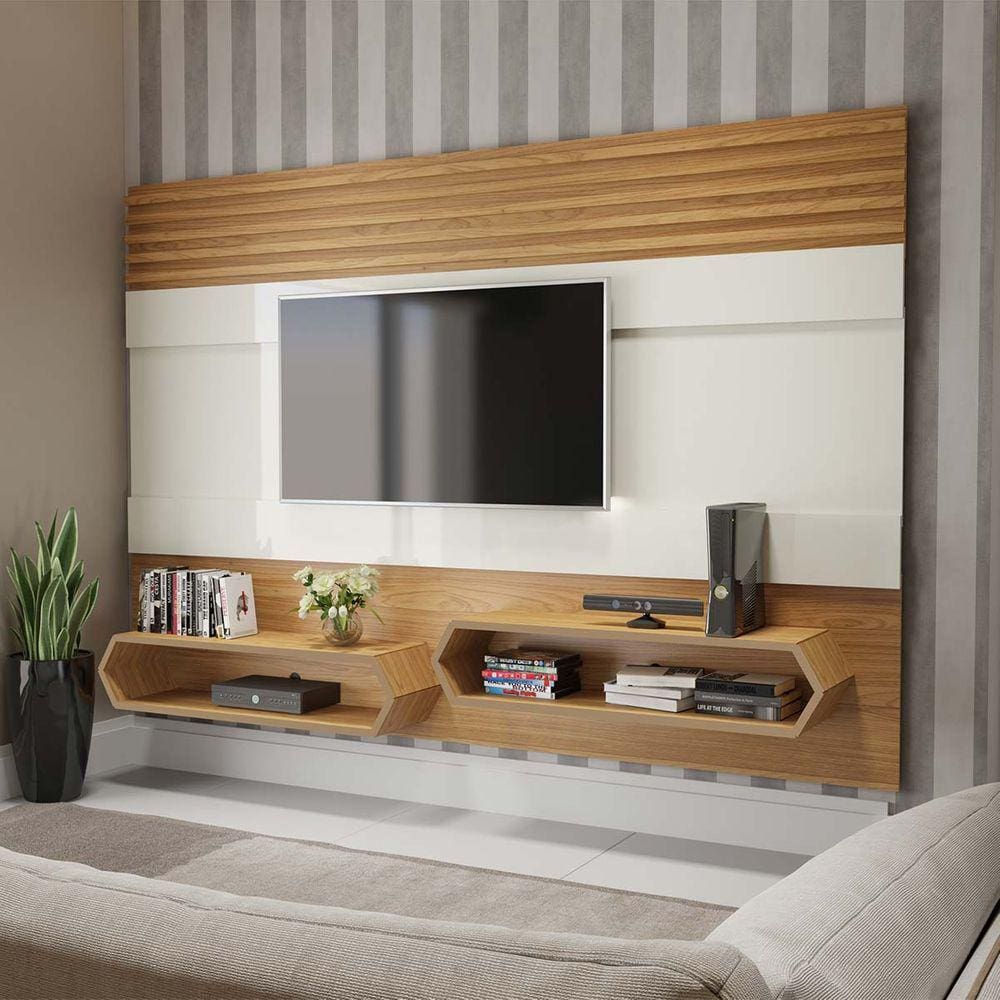 Painel Suspenso para TV de até 65" 220 Cm 2 Nichos Off White Freijó Dalla Costa