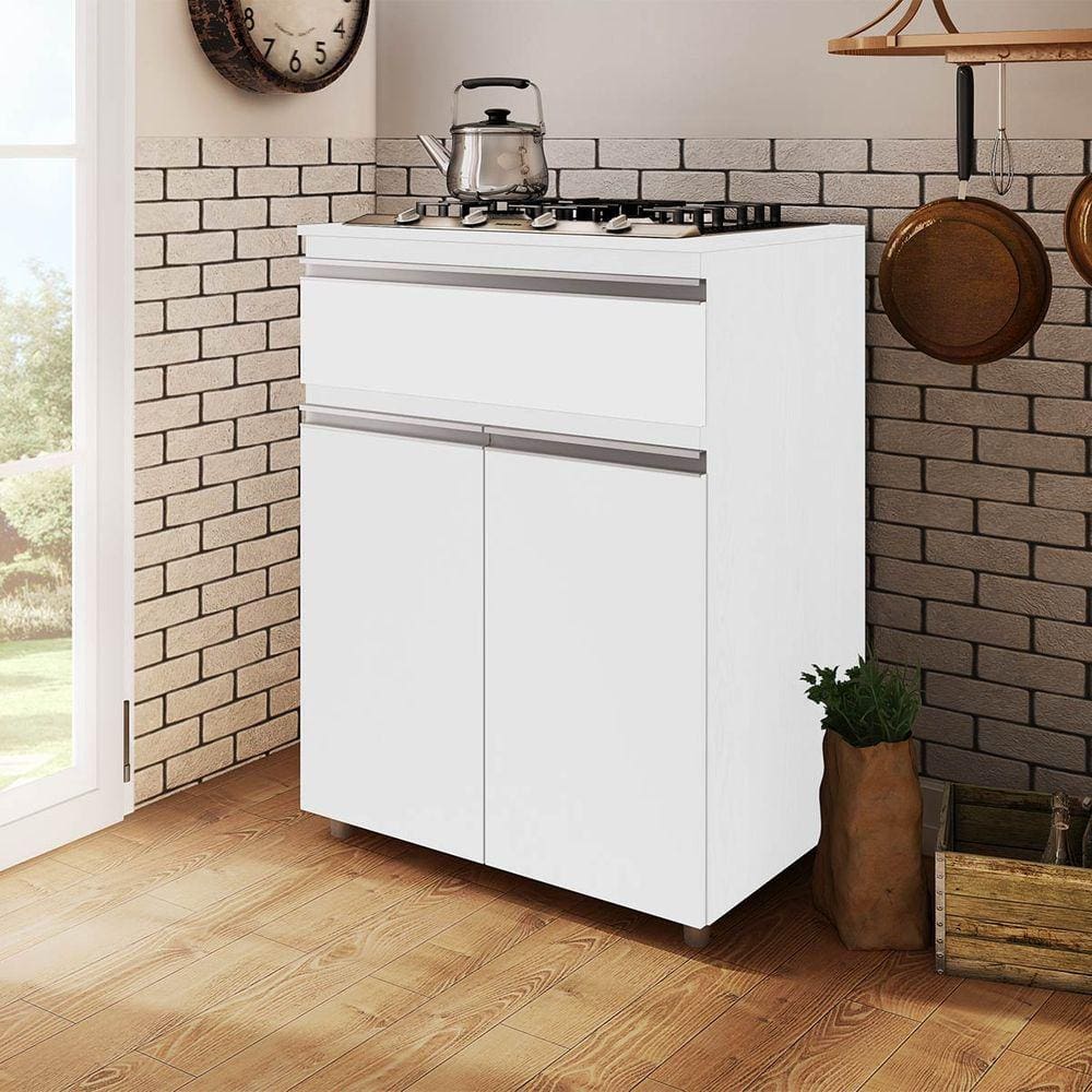 Balcão para Cooktop 4 bocas 70Cm 2 Portas 1 Gaveta Branco Móvel Bento
